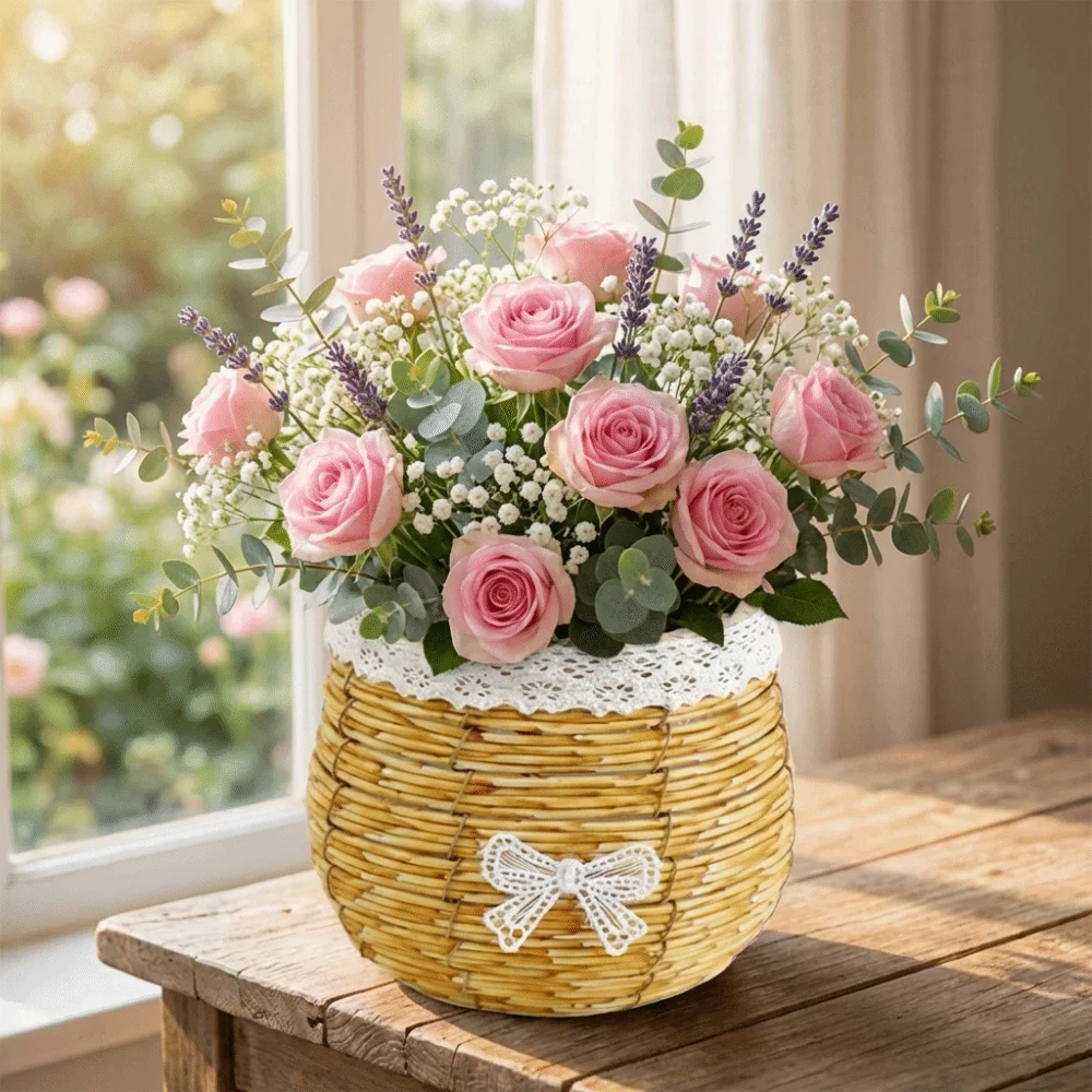 Plant Display Rustic Woven Flower Basket Sturdy Plastic Succulent Container Simple Flower Arrangement Basket Wedding