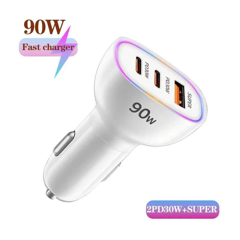 

3Port 90W Car Charger QC3.0/2xPD30W Fast Charging Car Phone Charger Adapter for iPhone iPad Xiaomi Huawei Samsung Quick Charger