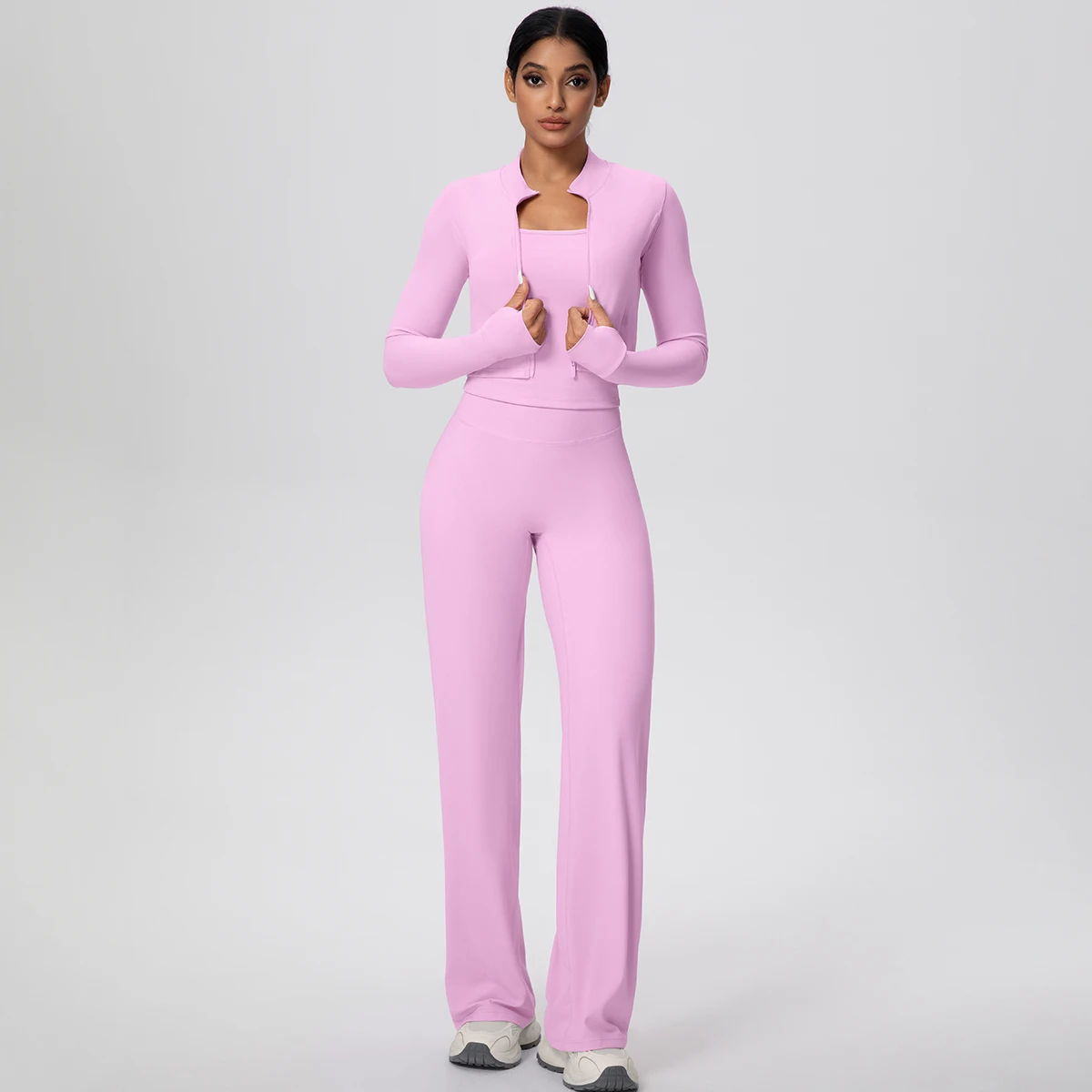 Woman's Sports Fitness Clothing Yoga Set Solid Color Backless I-shaped Vest Yoga Zipper Long Sleeves Quick Drying Wide Leg Pants