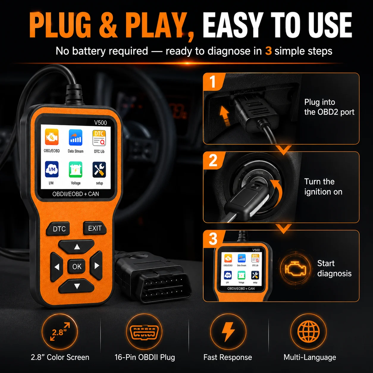 Car OBD2 Scanner Diagnostic Tool Code Reader, Car Voltage Tester Engine Fault Code Scanner, Charging Tester Diagnostic Tool V500