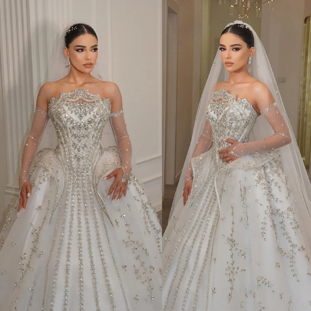 

Luxurious Wedding Dress Strapless A Line Beaded Crystal Elegant Bridal Dress Floor Length Customized vestidos de novia
