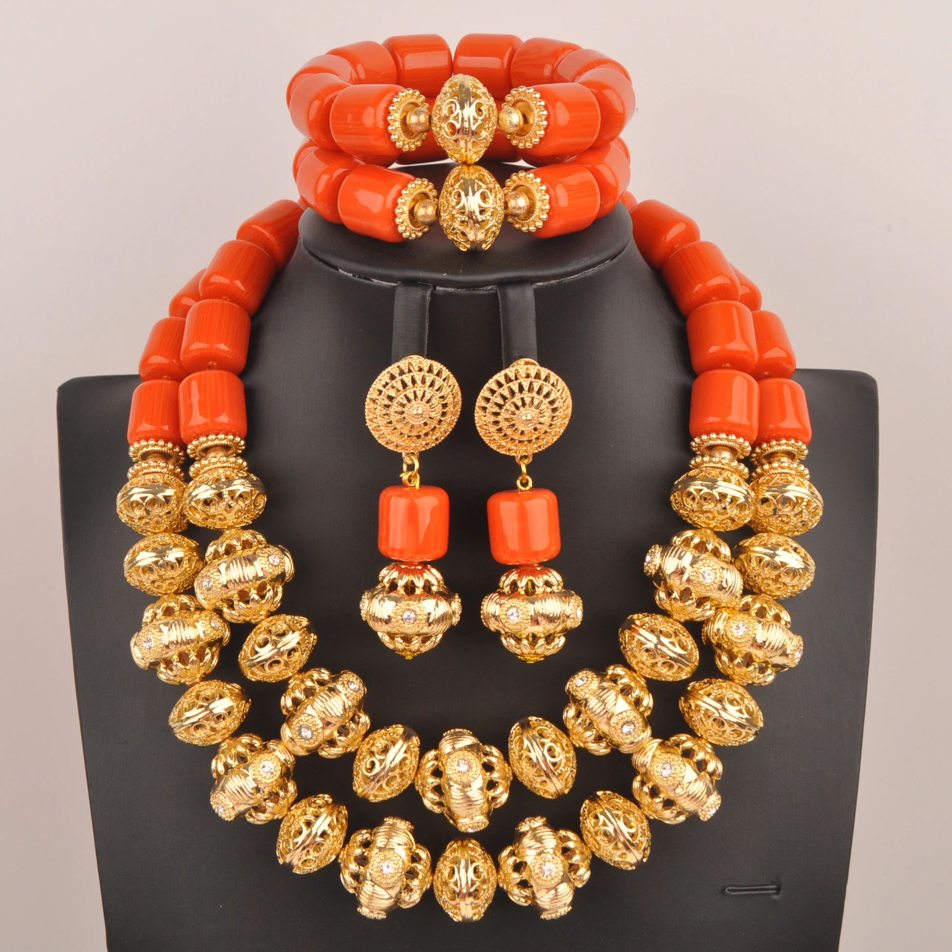 

Nigerian Wedding African Beads Orange Artificial Coral Jewelry Set for Women