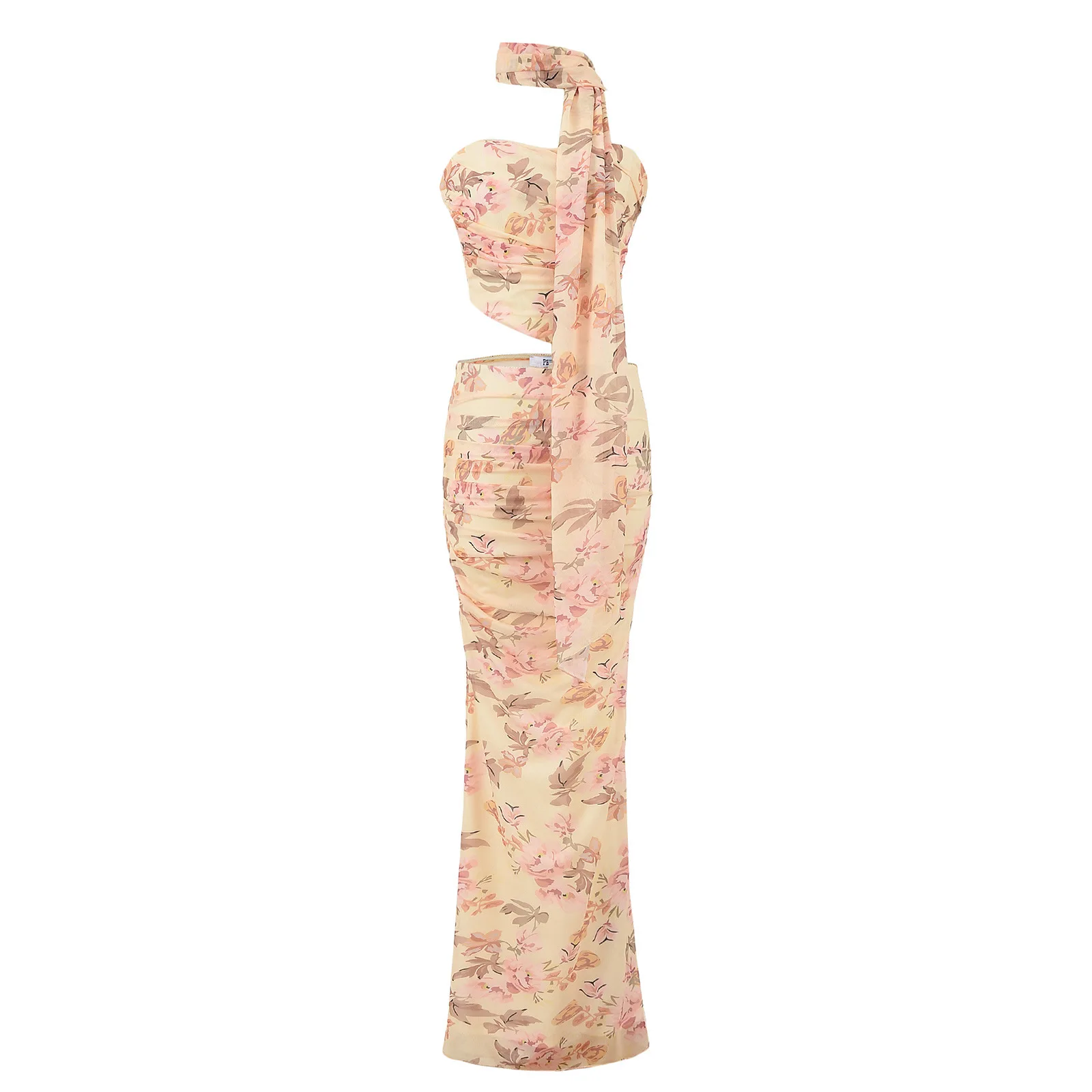 

2025 Summer New Women Dress 2 Piece Sets French Floral Printed Mesh Short Strapless Top Spicy Girl Slim Fit Long Wrap Hip Skirts