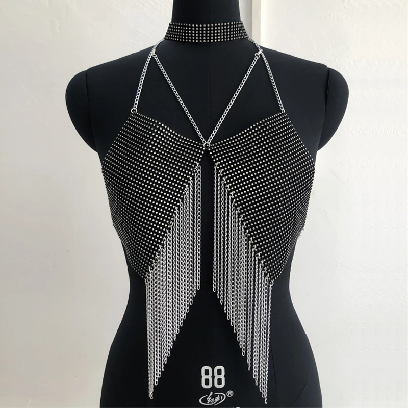 لامعة حجر الراين شبكة صيد السمك الجوف خارج شبكة البنطال القصير Y2K المرأة العصرية انظر من خلال شرابة حفلة التستر ليلة ملابس للنادي تانك القمم