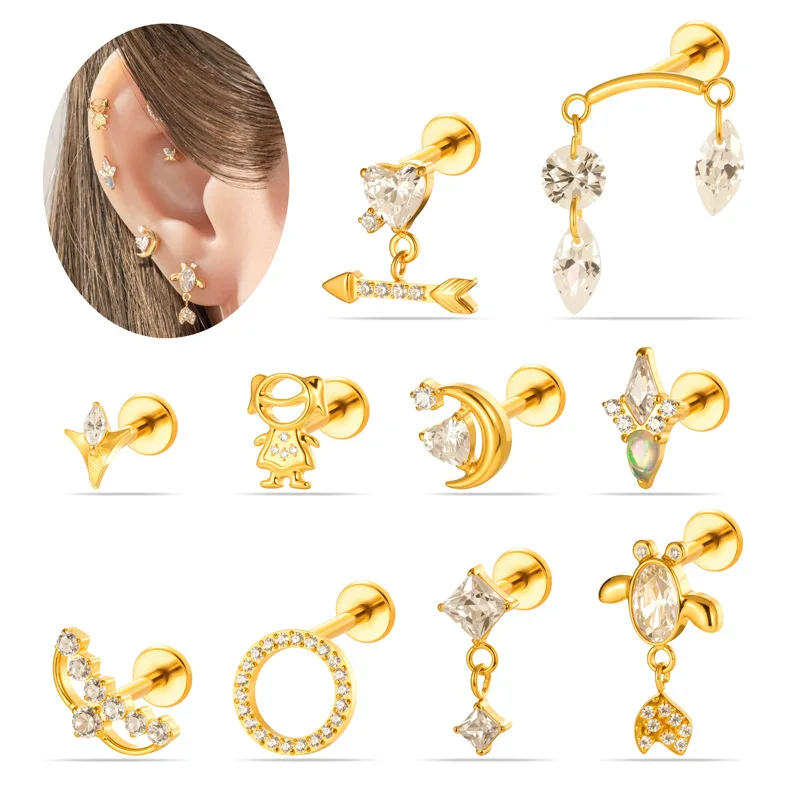 2PC G23 Titanium Labret Ear Studs Internal Thread Flatback Zircon Fishbone Moon Pendant Lip Stud Tragus Lobe Piercing Jewelry