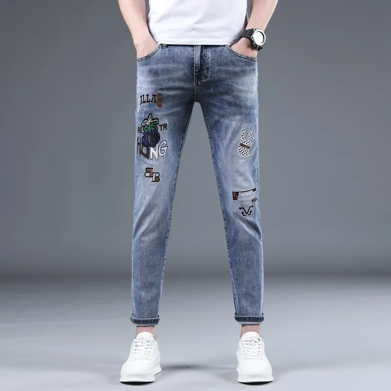 

Embroidered Nine-Tenths Slim Fit Men's Jeans Casual Spring Autumn High Elastici Faionable Brand Jeans Youthful Wear