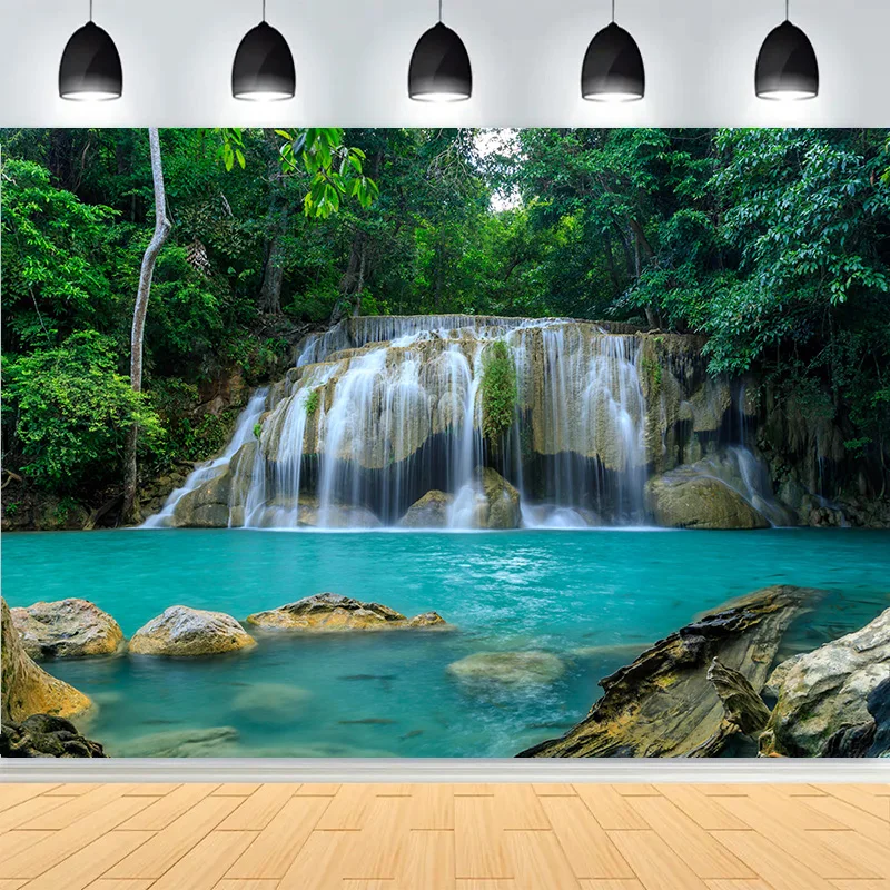 

Fresh Blue Natural Waterfall Beauty Lake Photography Backdrops Grass Landscape River Beach Park Cove Photo Background PB-06