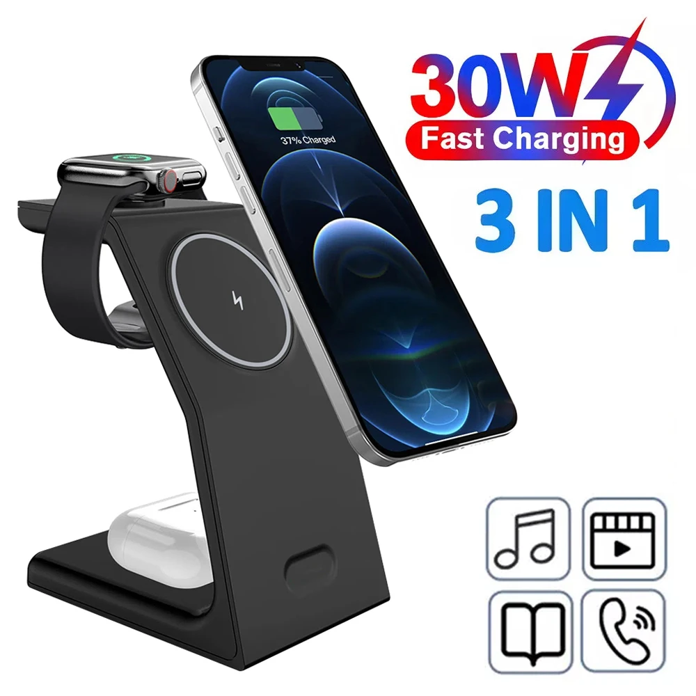 30W 3 in 1 Travel Wireless Charger iPhone 16,15, 14,13,12 Pro Max Wireless Charger Stand Dock For iWatch AirPods 3/2 fast charge