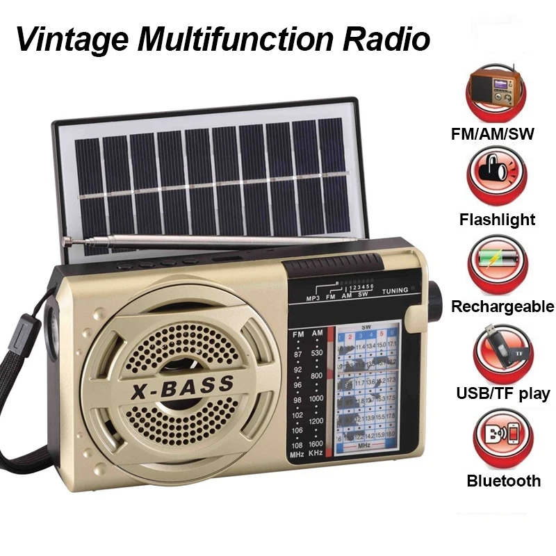 휴대용 빈티지 태양광 충전 라디오, 비상 FM AM SW 라디오, X-베이스 블루투스 스피커, MP3 음악 플레이어, 지지대 손전등, USB