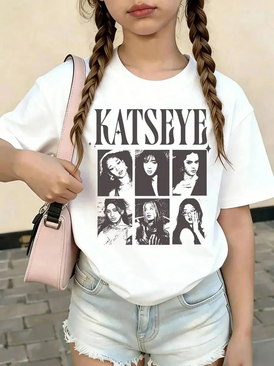 Summer Fashion Girls' Short-Sleeve T-Shirt,Katseye 6-Panel Grid Print Patterned Print Casual Versatile Top