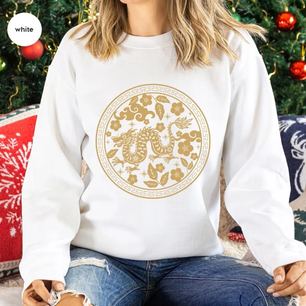 Chinese New Year 2024 Dragon Sweatshirt Year of the Dragon 2024 Lunar New Year Clothing Chinese New Year Floral Dragon Pullovers