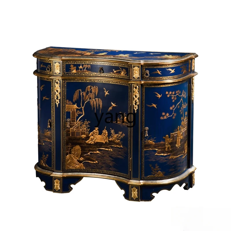CX  French retro black luxury bamboo shape hand-painted flower and bird villa foyer solid wood entrance cabinet