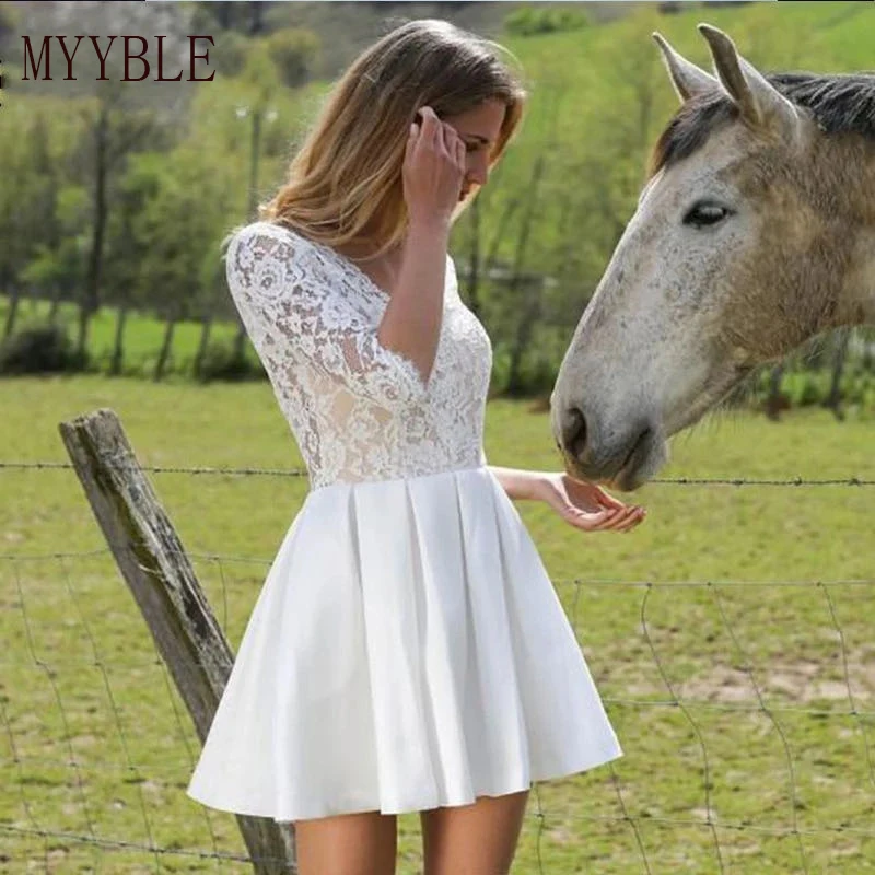 Customized Short Wedding DressRobe De Soiree Vestidos Lace Knee Length Bride To Be  Mariage Half Sleeves