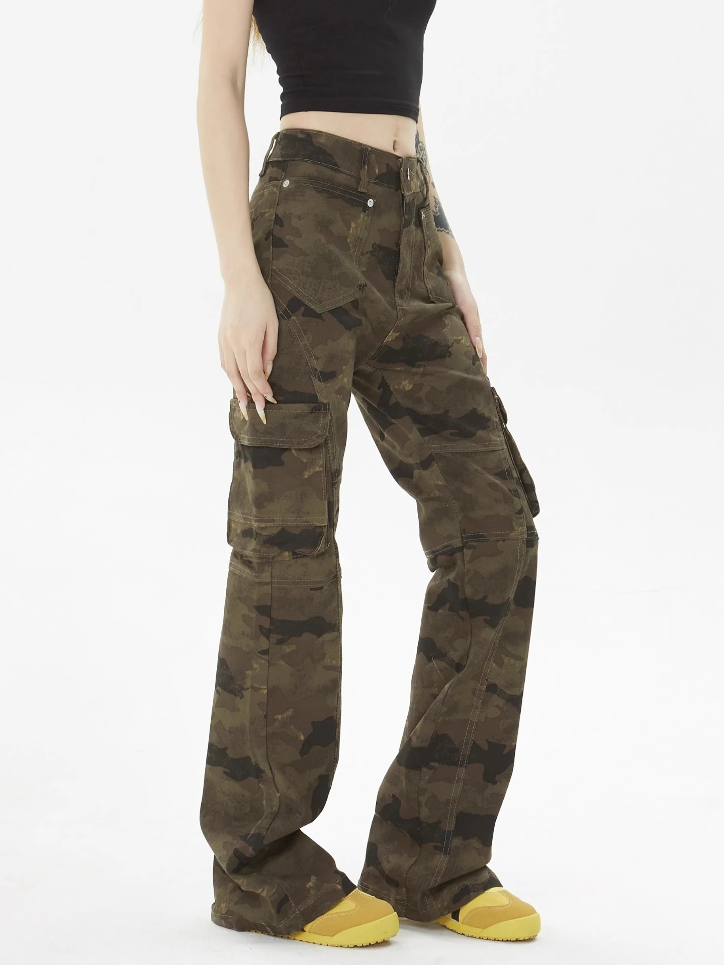 

American Retro Camouflage Jeans Women's High Waist Loose Straight Leg Bell Bot Slimming Workwear High Street Faion