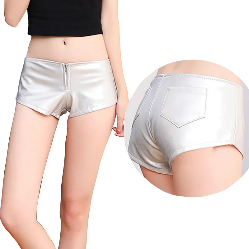 여름 여성의 저층 반바지 섹시한 지퍼 pu 가죽 슈퍼 반바지