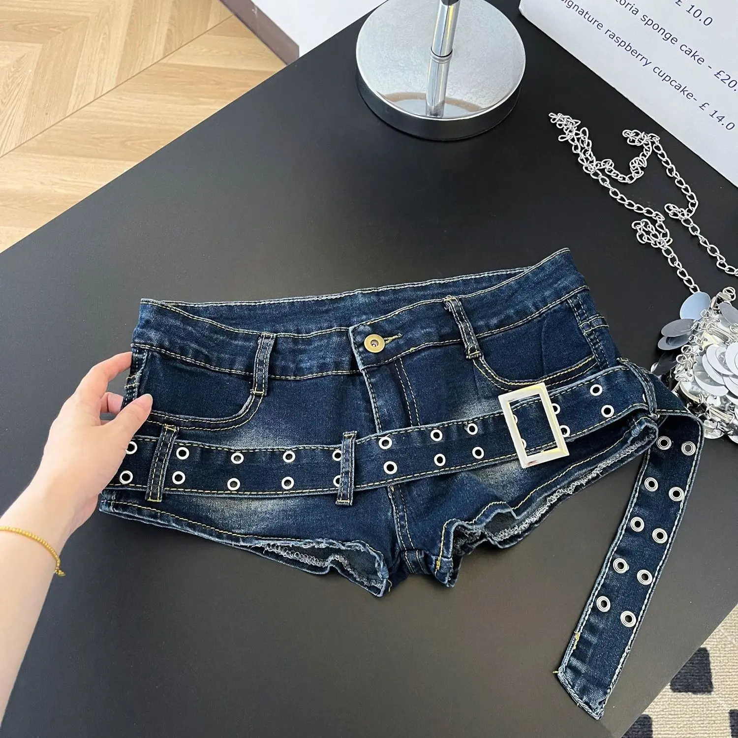 Spice Girl Nail Belt Denim Super Shorts Women's Summer Y2k Washed Old A Word Hip Hot Pants