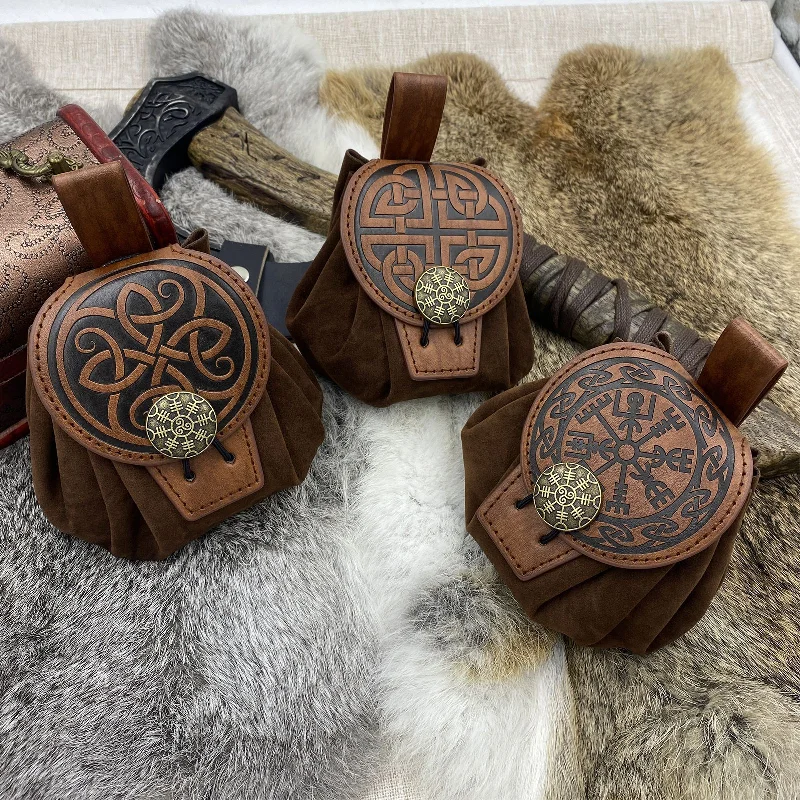 Retro Viking Waist Bag Celtic Knot Norse Rune Belt Pouch Medieval Fantasy Cosplay Leather Bag Vintage Pirate Accessory Coin Purs
