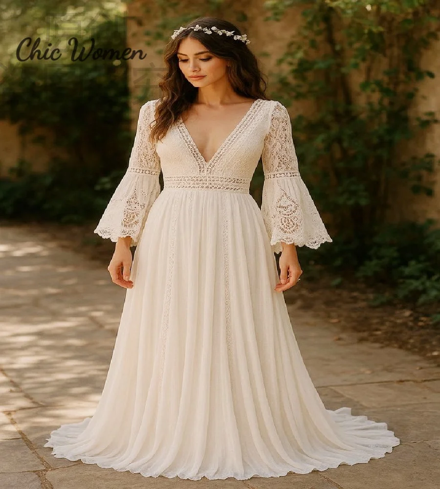 Rustieke Boheemse Zigeuner Trouwjurk 2026 Kant Lange Mouw V-hals Boho Bruid Jurk Burgeroorlog Strand Keltische Land Bruidsjurken
