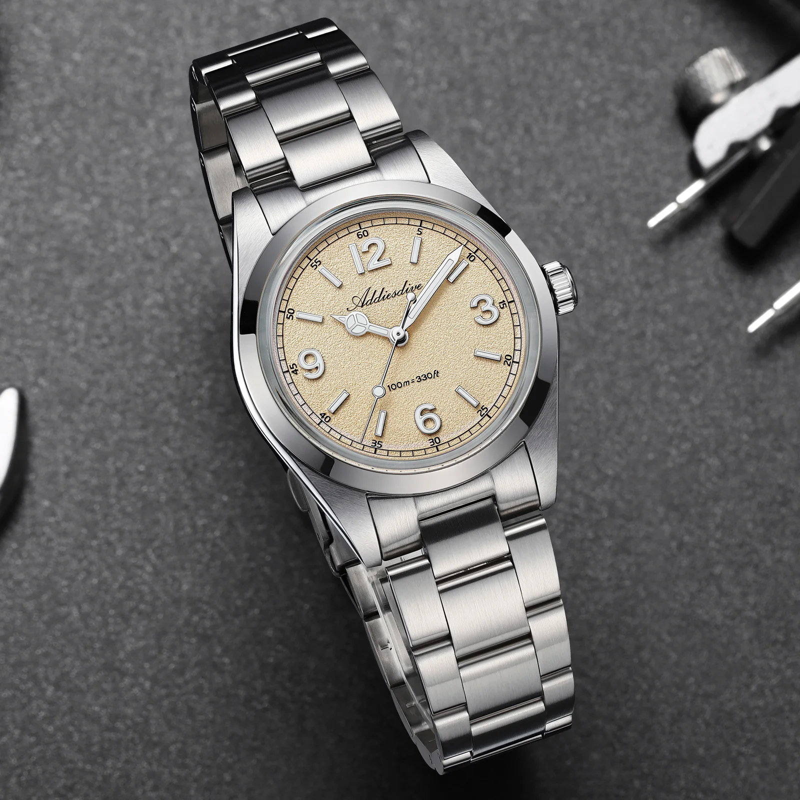 ADDIESDIVE nouvelle montre de luxe pour hommes 36mm montre-bracelet à Quartz lumineuse étanche verre à bulles montres en acier inoxydable 316L pour homme