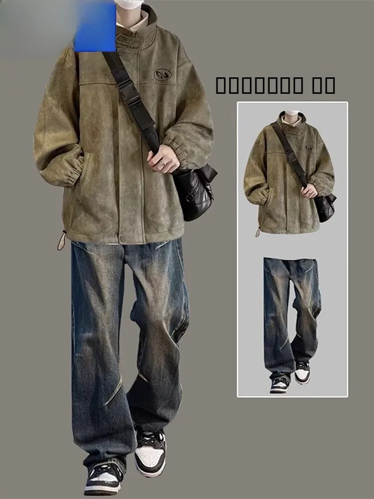 

Мужской комплект из двух предметов Wassup Happy American: замшевая куртка и брюки, повседневный, осенне-зимний, модный, молодежный, из полиэстера и спандекса, на молнии