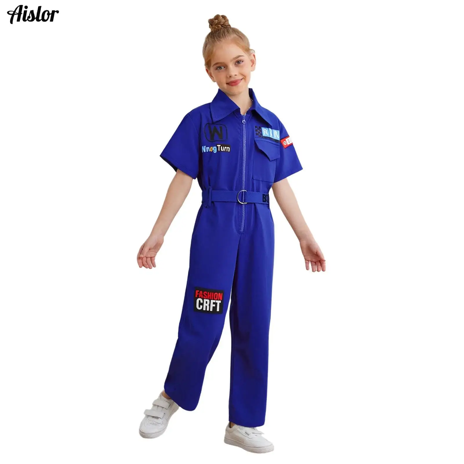 

Kids Girls Boys Hip-Hop Street Dance Jumpsuit Cotton Letter Printed Turn-Down Collar Short Sleeve Pockets Coveralls with Belt