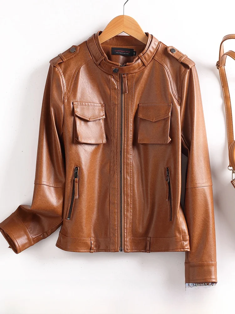 

Новая женская приталенная куртка Haifeng из натуральной овечьей кожи для весны и осени 2025 года, мотоциклетная, укороченная, облегающая верхняя одежда