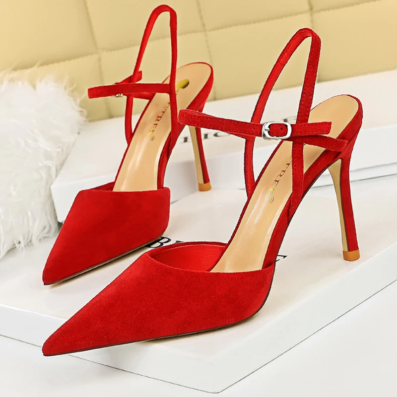 BIGTREE Shoes Suede Women Sandals Pointed Toe High Heels Women Shoes Summer Hollow Out High-heeled Sandals Buckle Stiletto Pumps