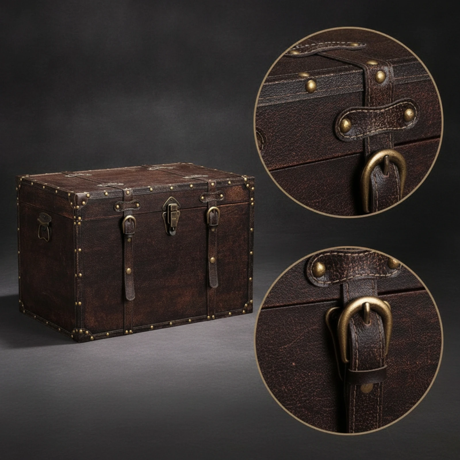 Vintage Style Wooden Trunk with Front Clasp Dark Gray Finish Hinged Lid for Bedroom Decor Storage