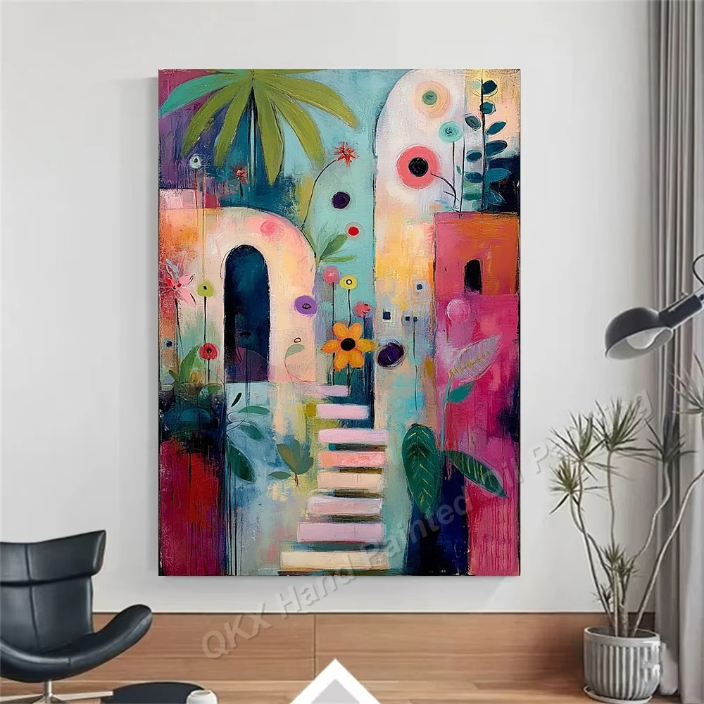 Hand-Painted Oil Painting on Canvas Wall Art Decor for Living Room, Colorful Tropical Town Abstract Vertical Impasto Canvas Art