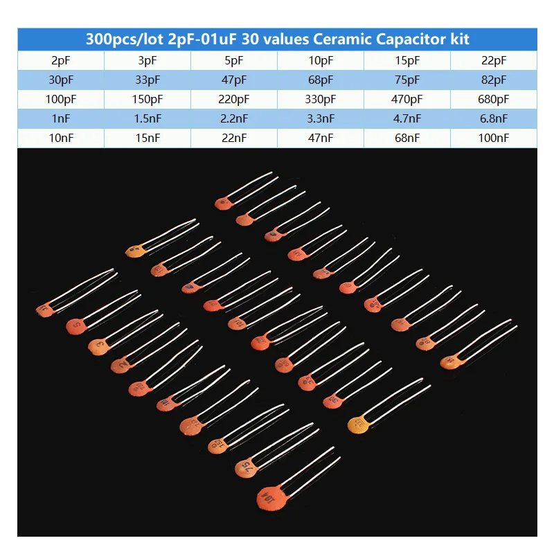 300pcs/lot 2PF-0.1UF Ceramic Capacitor Kit 30 Values*10pcs Electronic Components Package Capacitor Assorted Kit Samples Diy