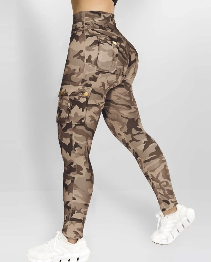 Camouflage-Druck, hohe Taille, dünne Knopf-Leggings mit Tasche, Freizeithose, 2025, modische Damenhose, elegante weibliche Hose