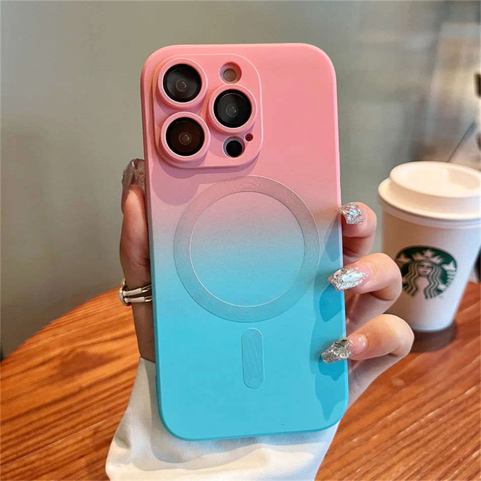 Luxury Gradient Contrast Silicone For Magsafe Case For iPhone 15 14 13 12 11 Pro Max Lens Protector Wireless Charging Cover TPU image 5