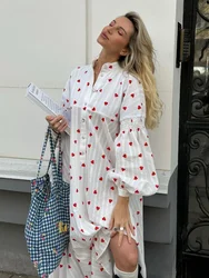 Wolfeel Jacquard Heart Print Long Sleeve Dress Women Fashion Loose Vestidos Vintage Female A-line 100% Cotton Summer Dress