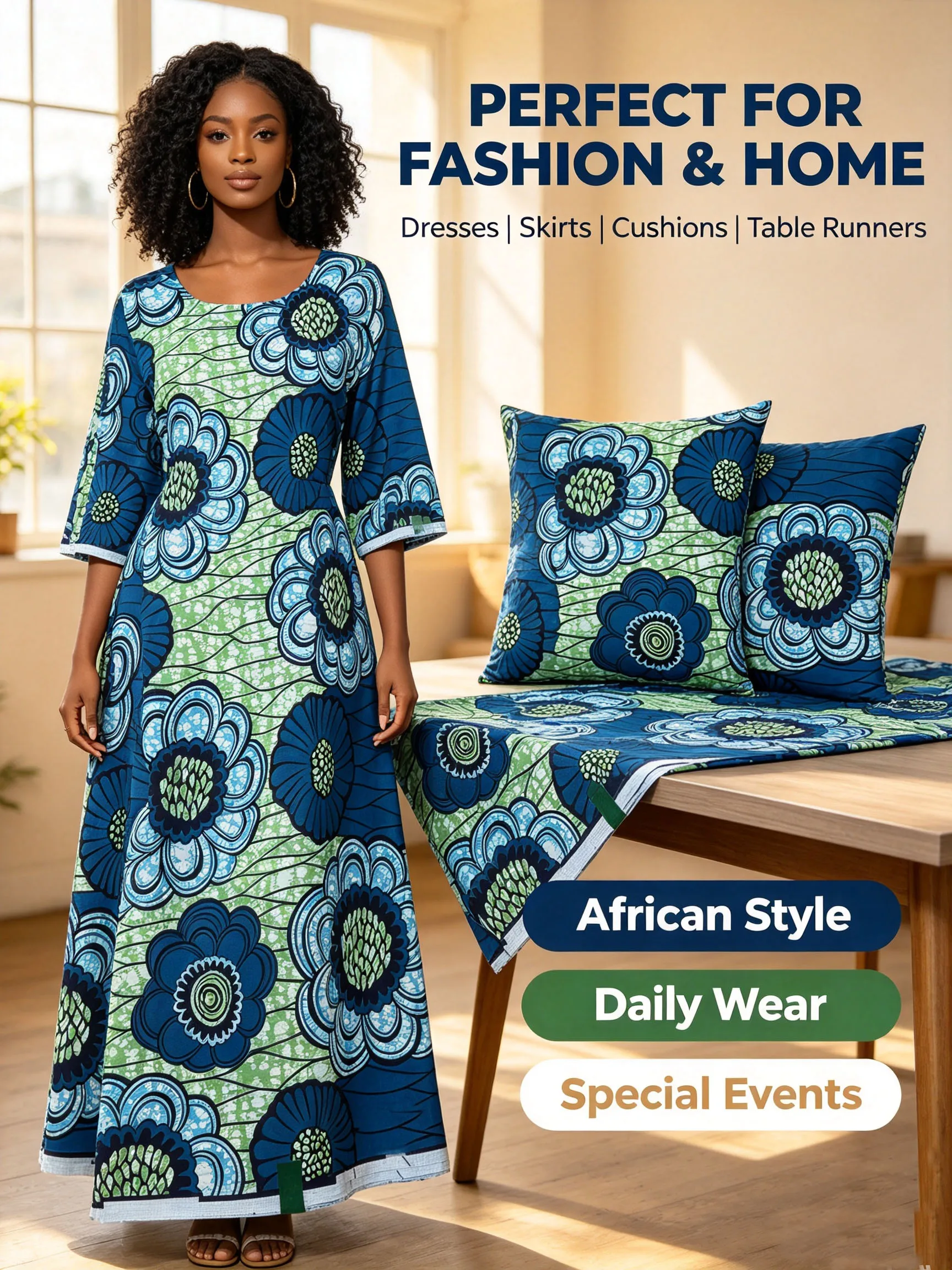 New Blue Green Floral African  - Sewing Batik 评论和价格