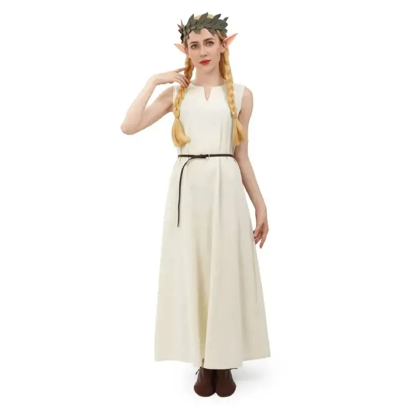 DAZCOS 女性の中世アンダードレスノースリーブリネンチュニック農民ドレス夏のコスプレ衣装女性ヴィンテージリネンドレス