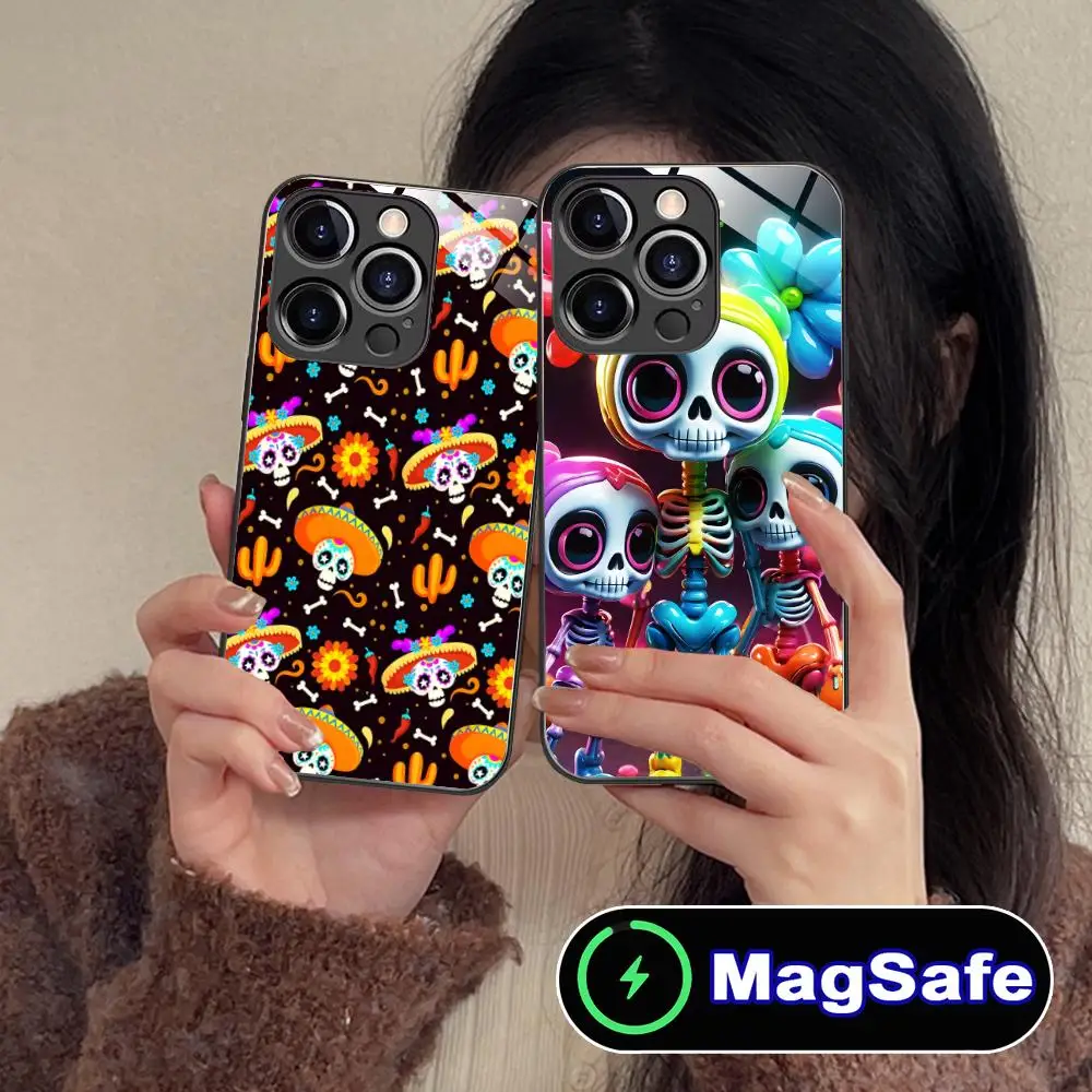 

Чехол для мобильного телефона Day of the Dead для iPhone 17, 16, 15, 14, 13, 12, 11 Pro Max Plus Mini MagSafe, стеклянный цветной чехол, роскошный чехол