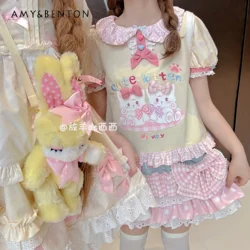 Sweet Kawaii Cartoon Printed Peter Pan Collar Puff Sleeve Top Multi-Layer Mini Skirt Two-Piece Set Summer Cute Y2K Skirt Sets