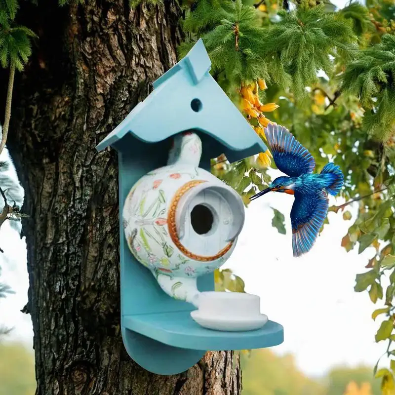 Bird Houses for Garden Teapot Outdoor Bird Feeder Colorful Decorative Bird Houses Cute Bird Feeder for Yard Garden Tree Yard