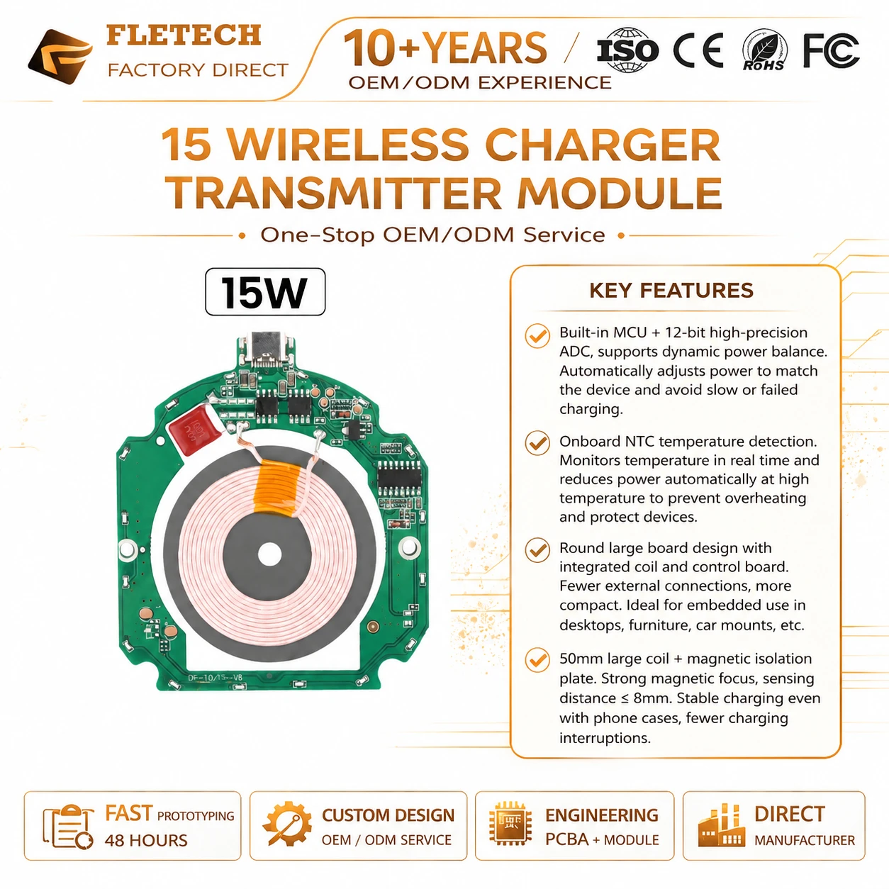 15W Qi Fast Wireless Charging Transmitter Module 12V9V Type-C Universal Wireless Charger PCBA Board for Furniture Automotive DIY
