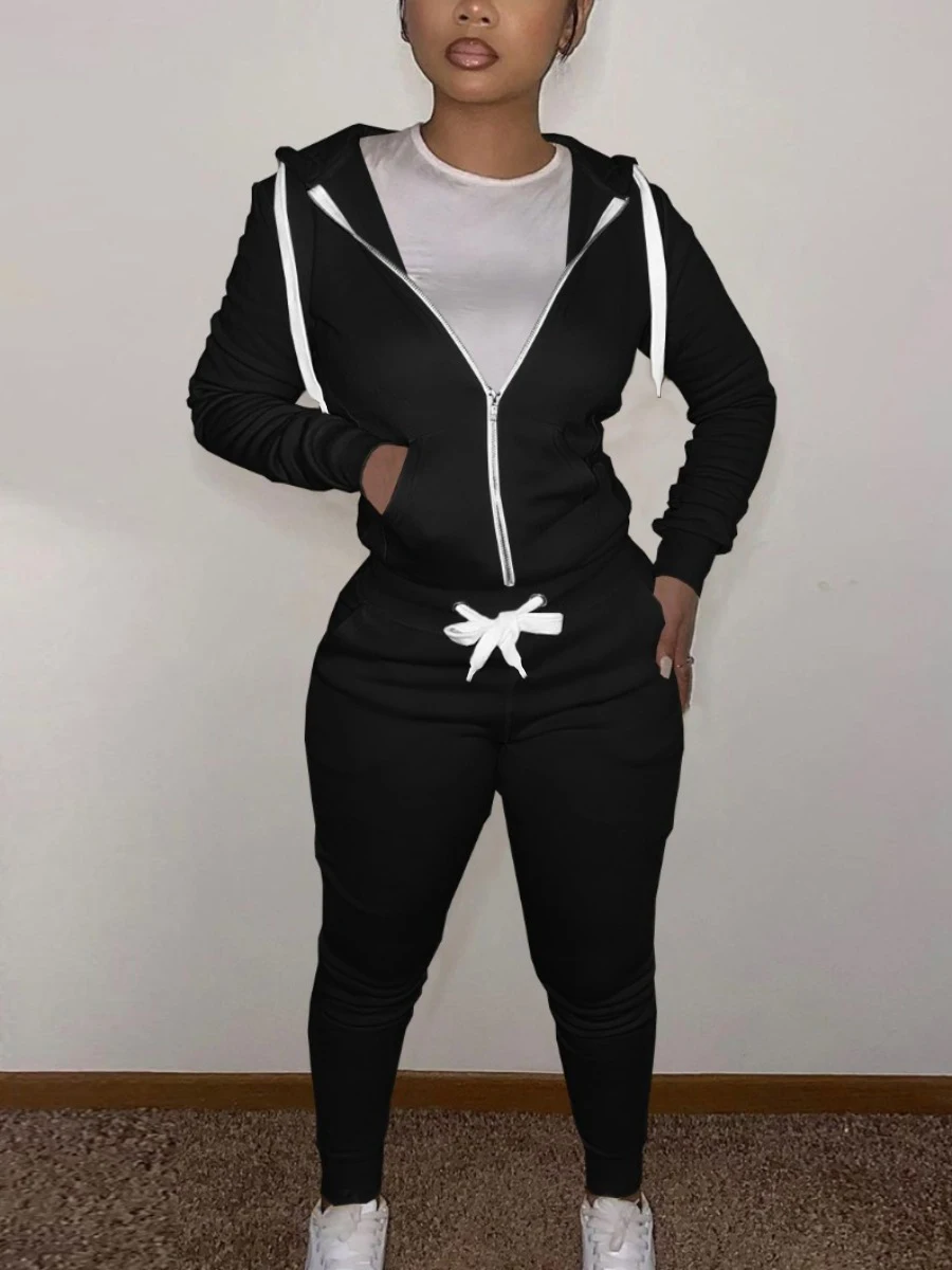 LW Autumn Two Piece Set Women Casual Sporty Long Sleeve Zipper Design Top Hooded Collar Broken Heart Print Female Tracksuit Set