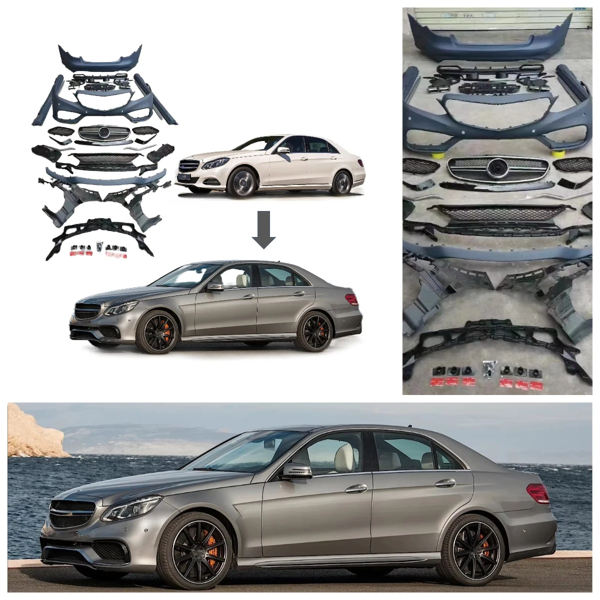 For Mercedes Benz E Class W212 2014 2015 2016 Upgrade to E63 Front Bumper Grille Diffuser PP Material Side Skirts Exterior