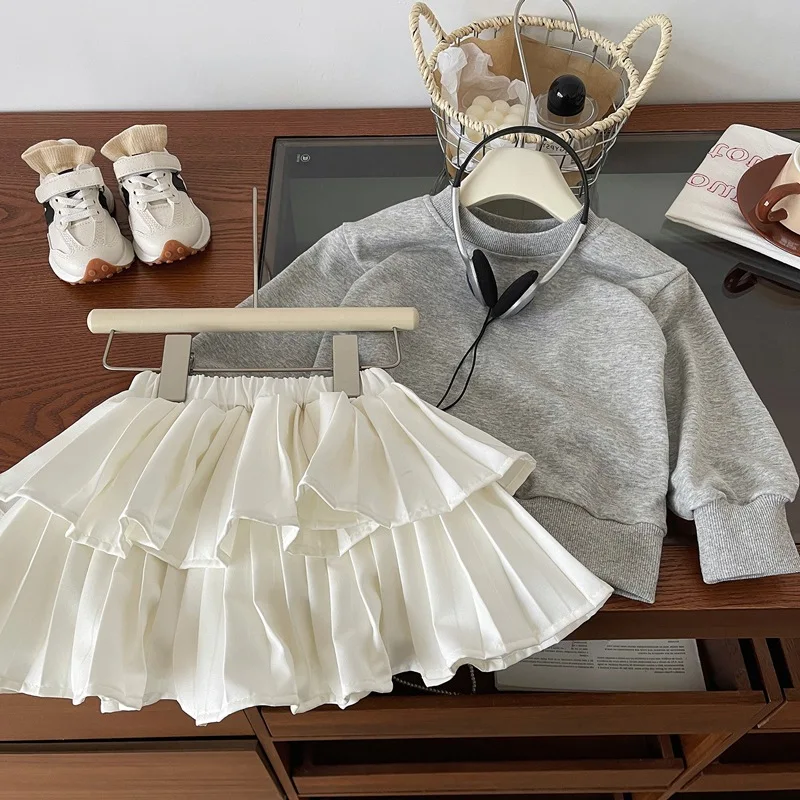 

Korean Autumn Kids Girls 2PCS Clothes Set Cotton Solid Long Sleeve Sweatshirt Loose Children Girls Pleated Cake Culottes Outfits