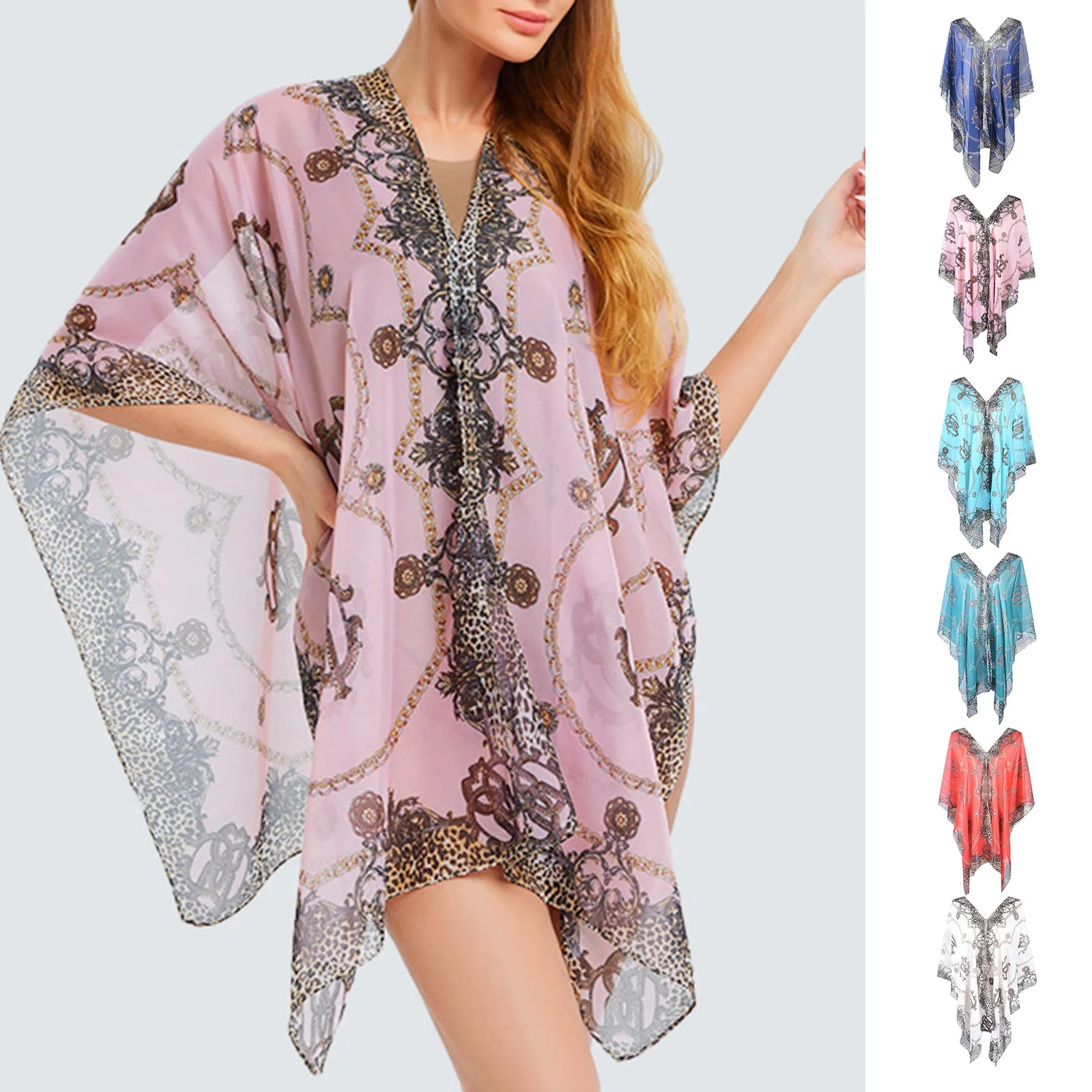 Summer Border New Silk Scarf Women'S Chiffon Chain Printing Travel Beach Towel Sunshade Chiffon Capes Shawl For Evening Dresses