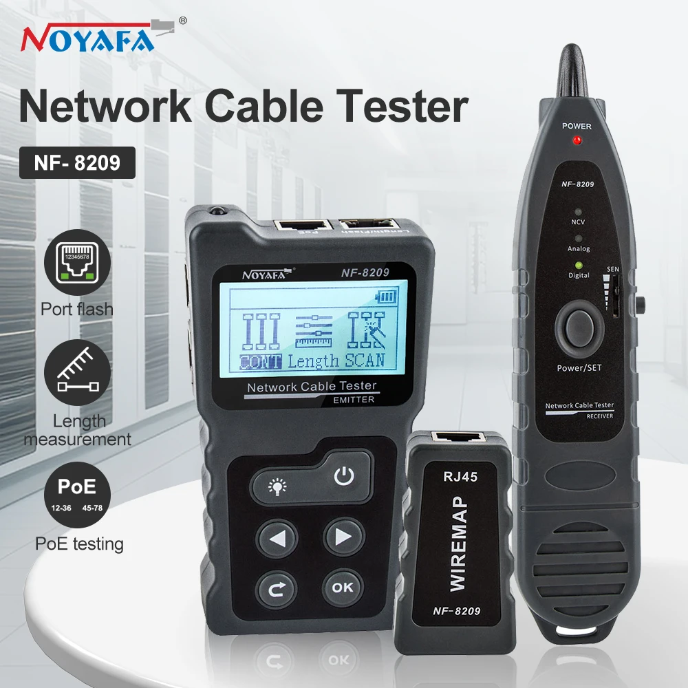 noyafa rede cabo tester rastreador cabo display lcd medir comprimento wiremap tester cat5 cat6 poe tester ferramentas de rede nf8209 01