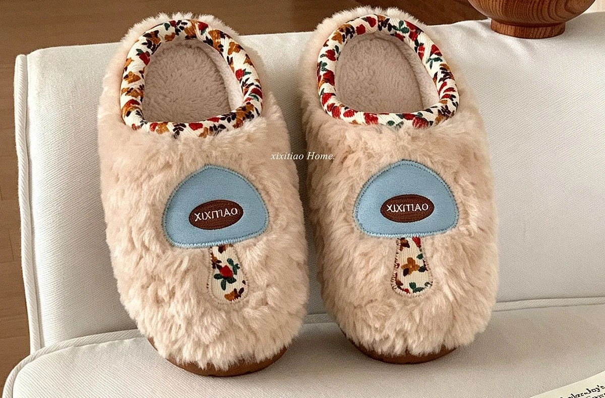 Designer-Hausschuhe mit Blumenmuster, flauschige Damen-Pilz-Hausschuhe, kreative Indoor-Schuhe, klobige flache flauschige Slides für Damen – Detail 15