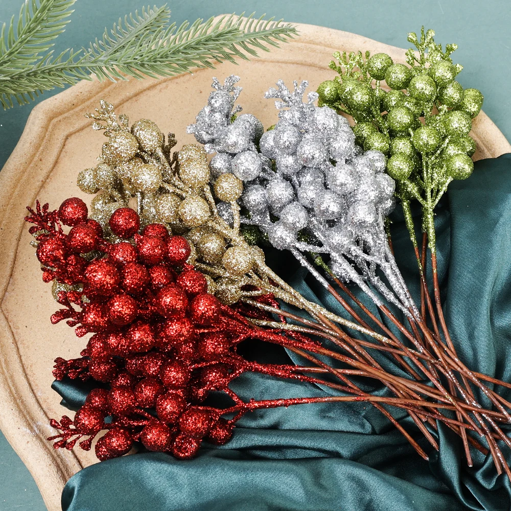 1/30pcs Christmas Artificial Gold Powder Berries Holly Berries Branches DIY Xmas Wreath Tree Ornament Home Table Vase Decoration
