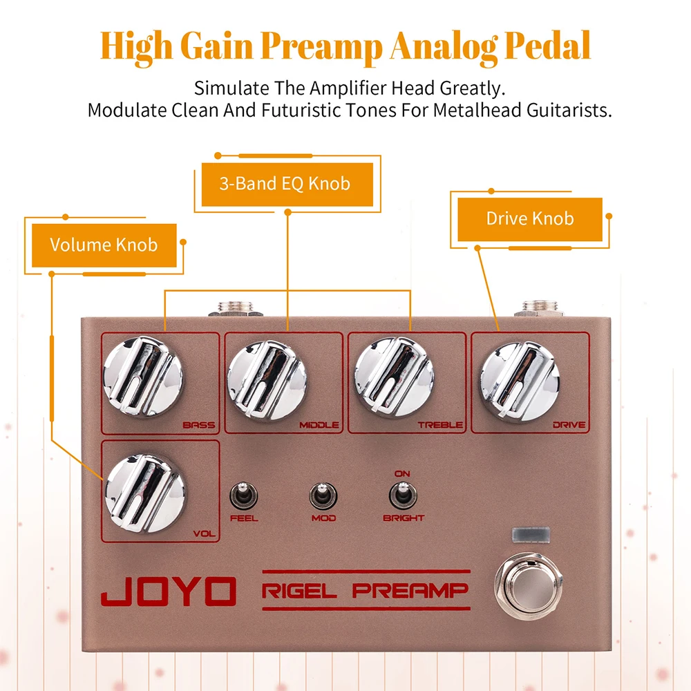 JOYO R-24 RIGLE PREAMP High Gain Preamp Simulation Pedal 3 Band EQ Overdrive Control Guitar Effect with Clean Futuristic Tone