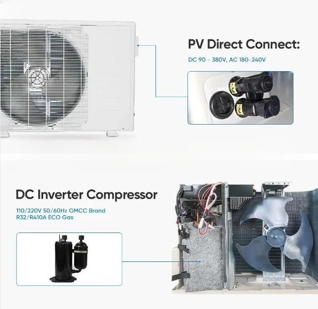 Unidad de aire acondicionado solar híbrido para el hogar, aire acondicionado montado en la pared, 12000btu, 18000btu