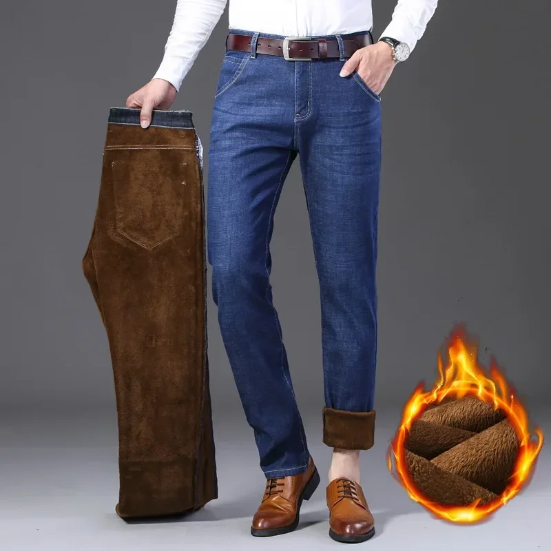 

Men Winter Fleece Denim Jeans Straight Fit Stretch Jeans Smart Casual Pants High Quality Men Thicker Warm Black Jeans Trousers44