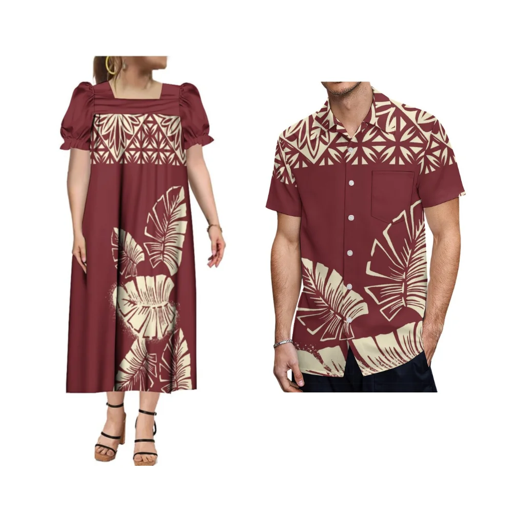 Samoan Couple Set Mumu Women'S Square Neck Dress Micronesian Clothing Polynesian Design Pattern Hawaiian Men'S Shirt